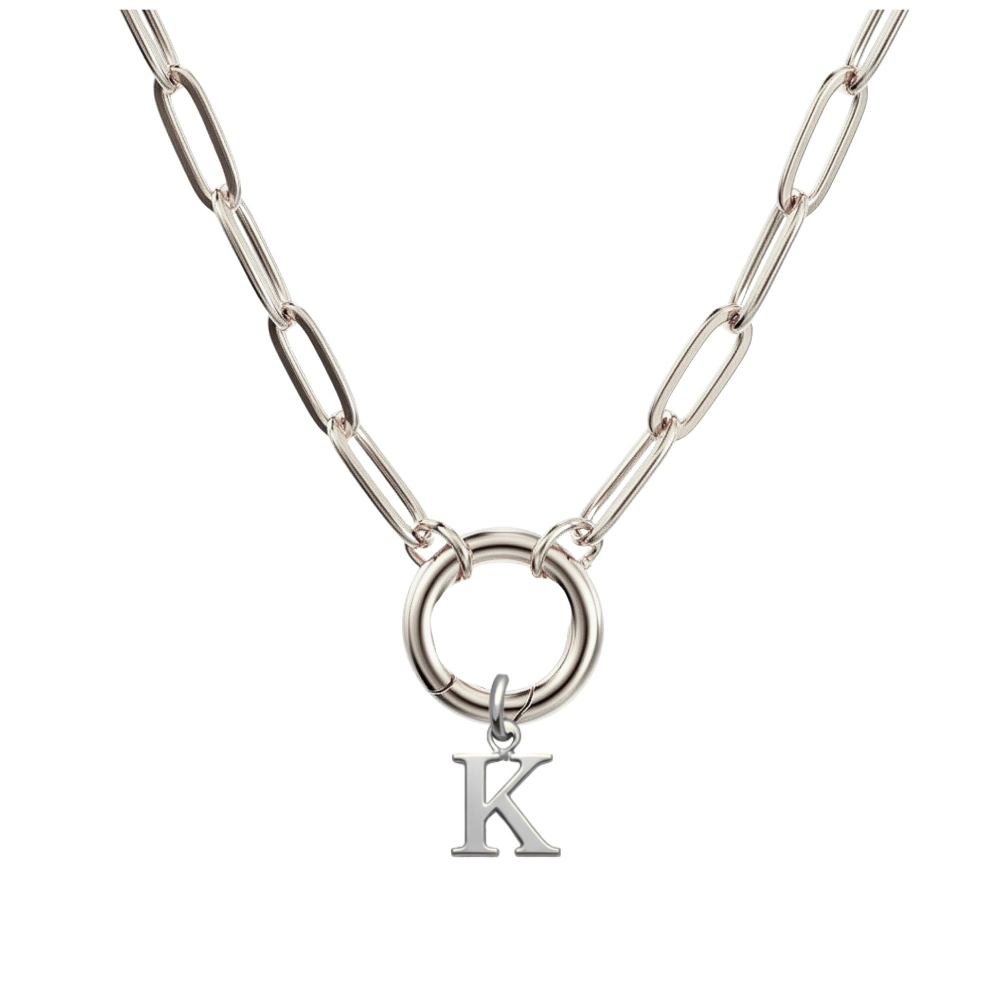 PaperclipLinkCircleCarabinerIntialLetterCharmHolderNecklaceforWomenStainlessSteel20"GingerLyne_Silver-K-1