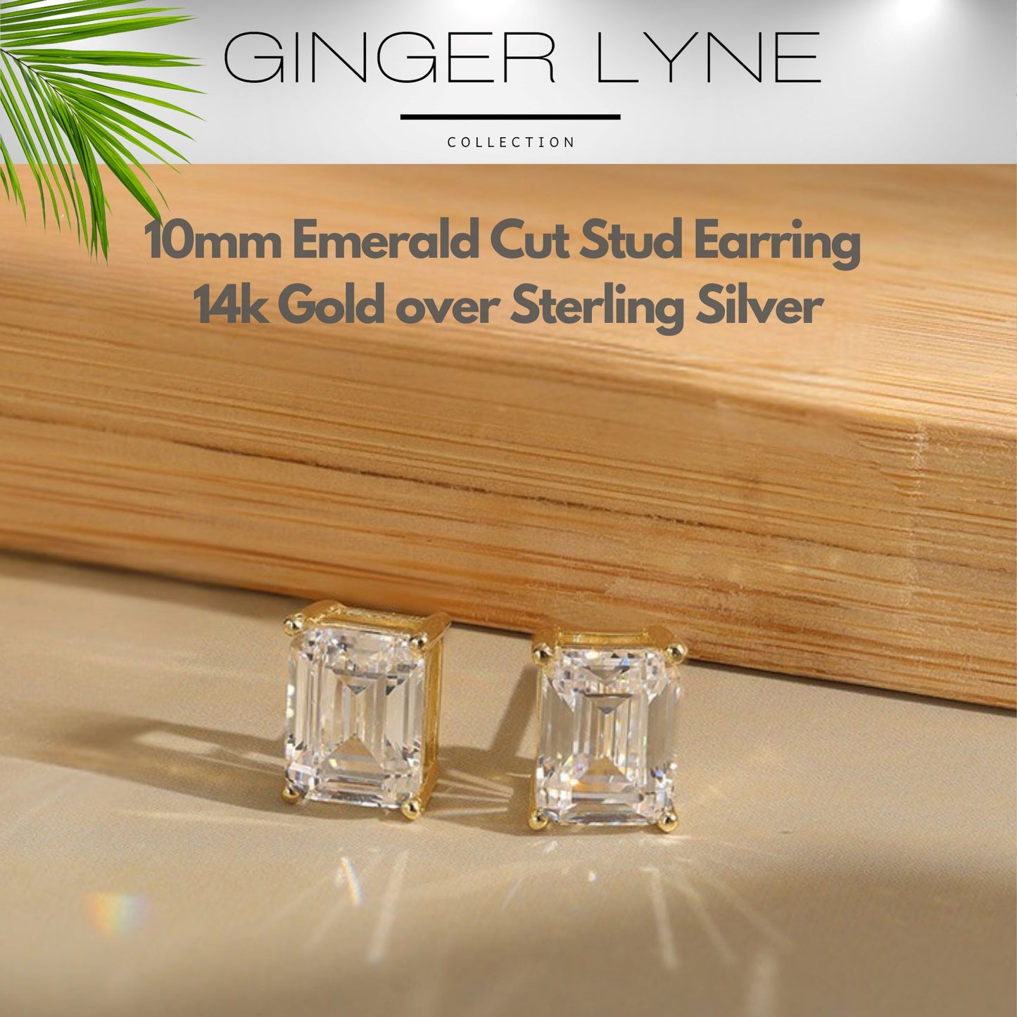 Emerald Cut Stud Earrings for Women 7.5 Ct Sterling Silver Studs for her Ginger Lyne Collection - Gold