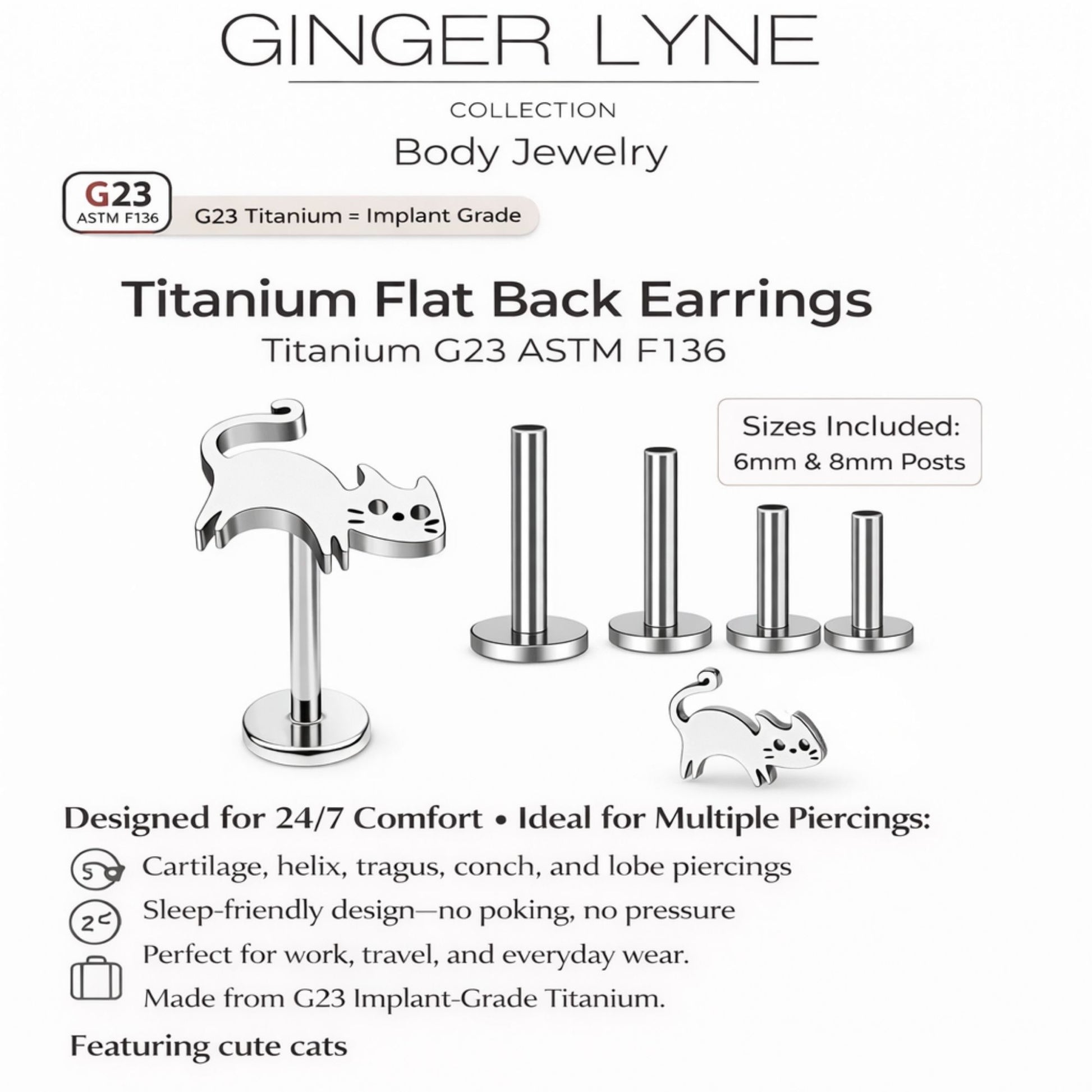 KittyCatTitaniumFlatBackStudEarringsStudBodyPiercingsbyGingerLyne2SetsPost6mm8mm_Silver-5