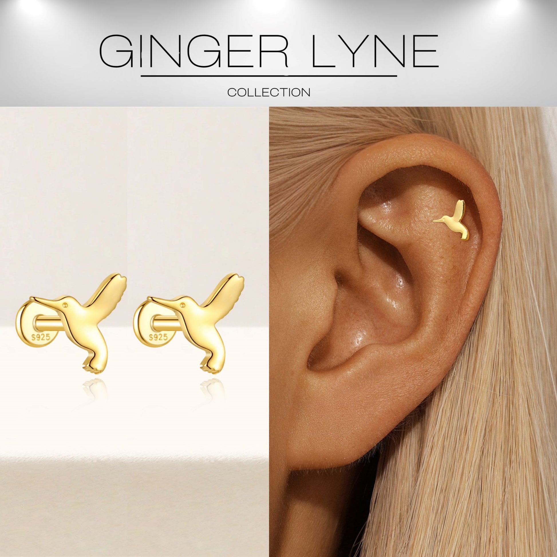 HummingbirdFlatBackEarringsforCartilageHelixTragusLobe14ktGoldPlatedSterlingSilverPairbyGingerLyne_Gold-2