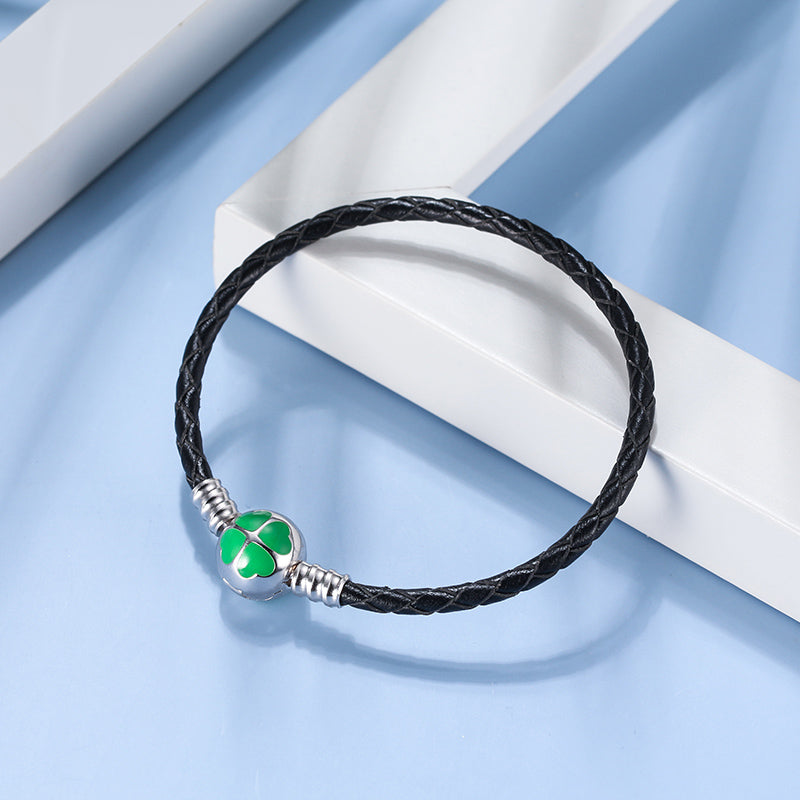 LeatherBraidedCharmBraceletforWomen21cmSterlingSilverCloverClaspGingerLyneCollection_21cm-2