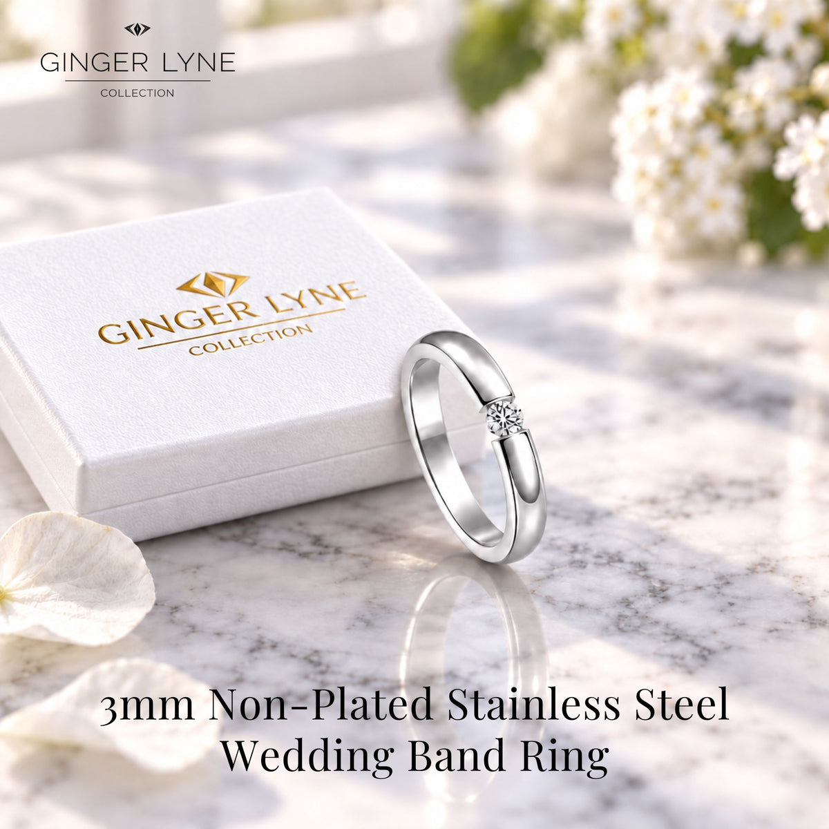 SilverToneWeddingBandRingforWomenorMen3mmStainlessSteelCZGingerLyneSize10_Silver-3