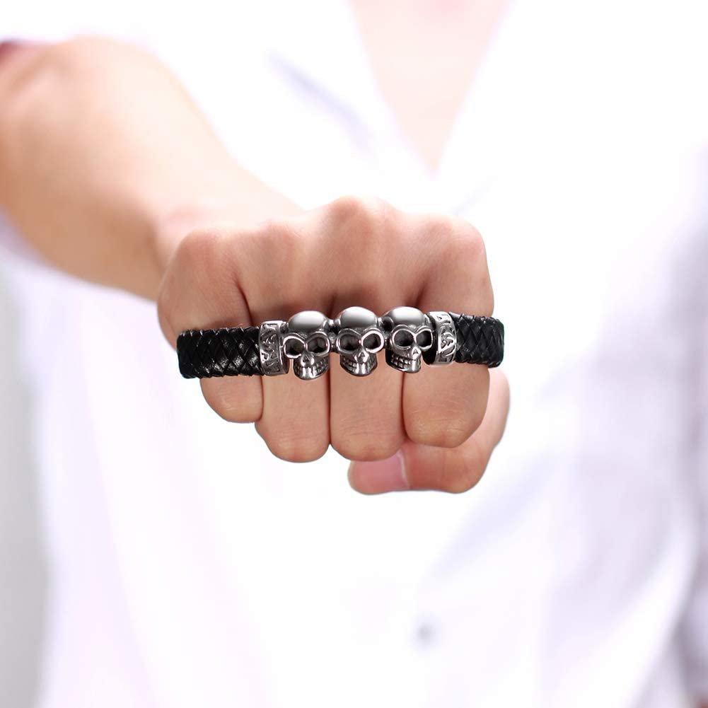 SkullsBraceletStainlessSteelBikerPunkGothLeatherMensGingerLyneCollection_Silver-4