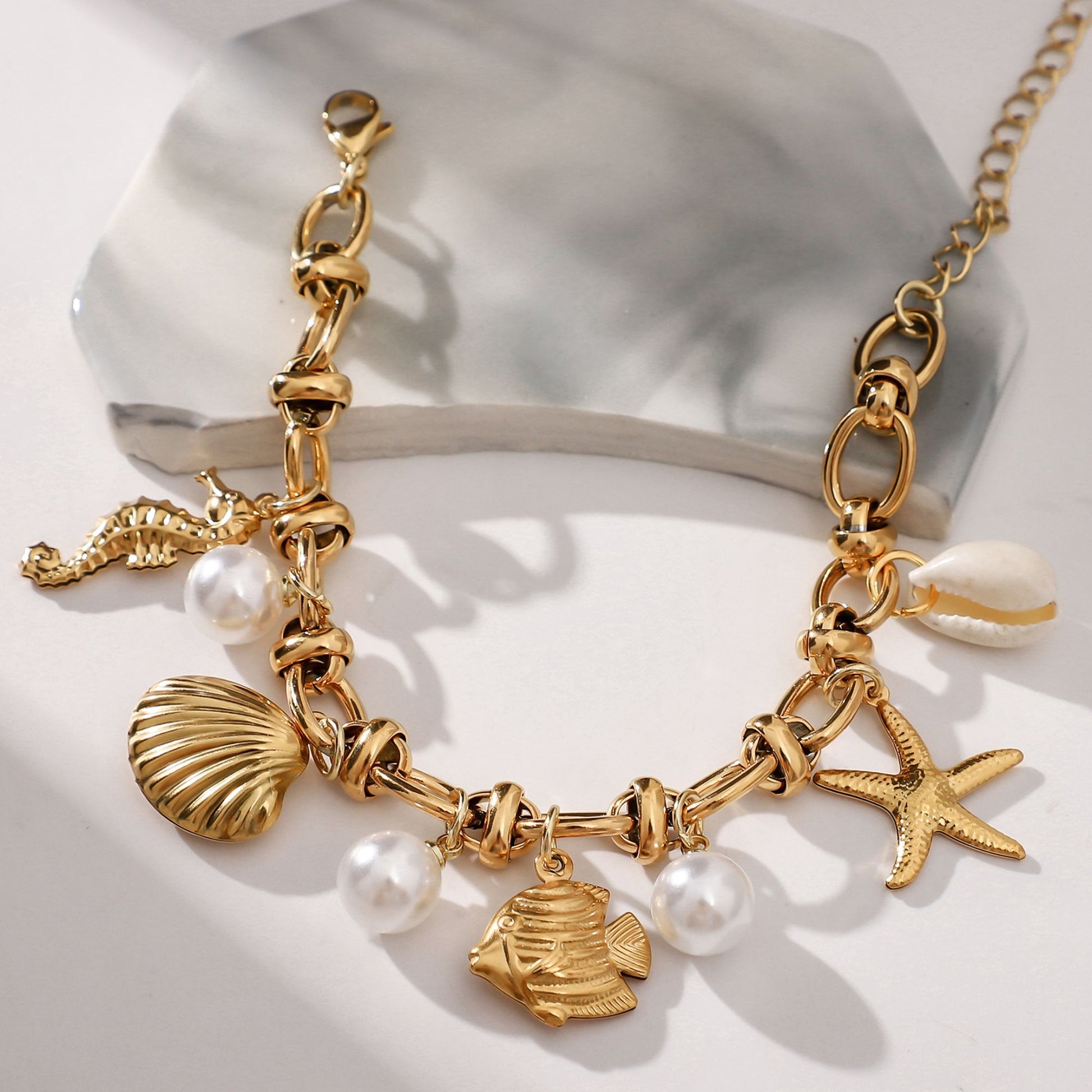 Seashell Charm Bracelet for Women by Ginger Lyne Gold Plated Stainless Steel Pearls Starfish and Shells - Gold