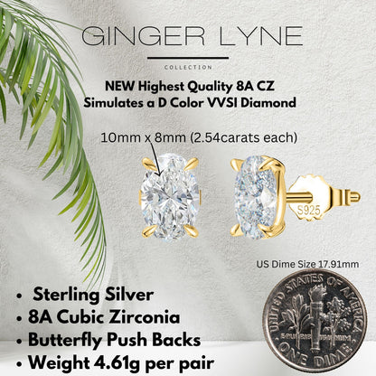 Oval Cut Stud Earrings for Women 5 Ct Simulated Diamond Sterling Silver Ginger Lyne - Gold