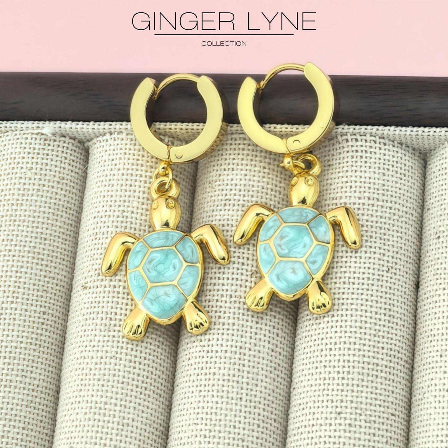 SeaTurtleCharmDangleHuggieHoopEarringsGoldPlatedStainlessSteelbyGingerLyne_Gold-4