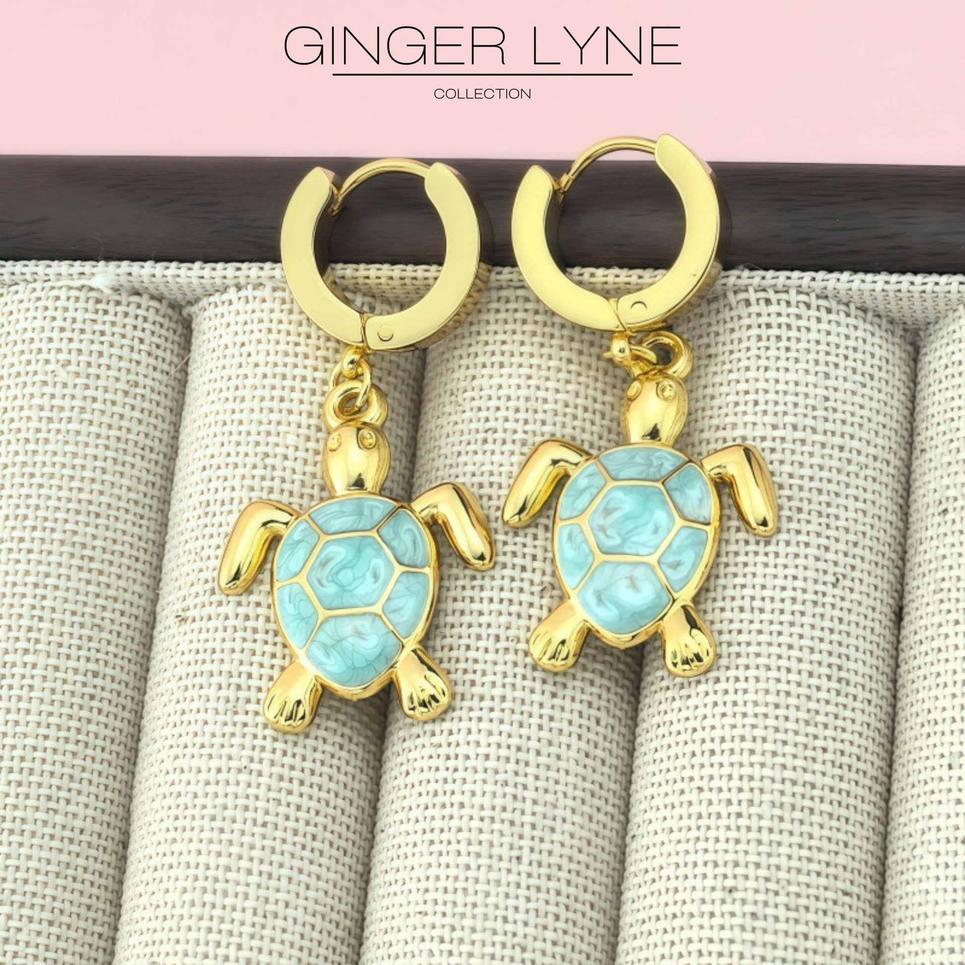 SeaTurtleCharmDangleHuggieHoopEarringsGoldPlatedStainlessSteelbyGingerLyne_Gold-4