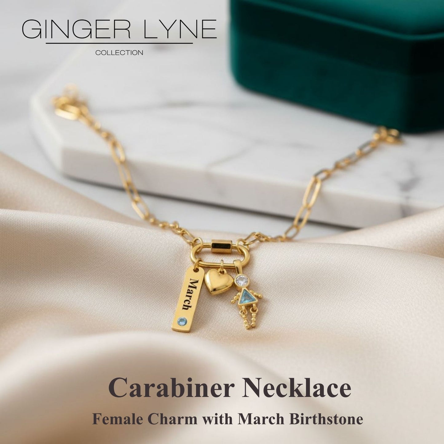 Carabiner Family Birthstone Necklace for Mom or Grandma by Ginger Lyne Stainless Steel CZ Birthday Charms_Female-March-Gold-2