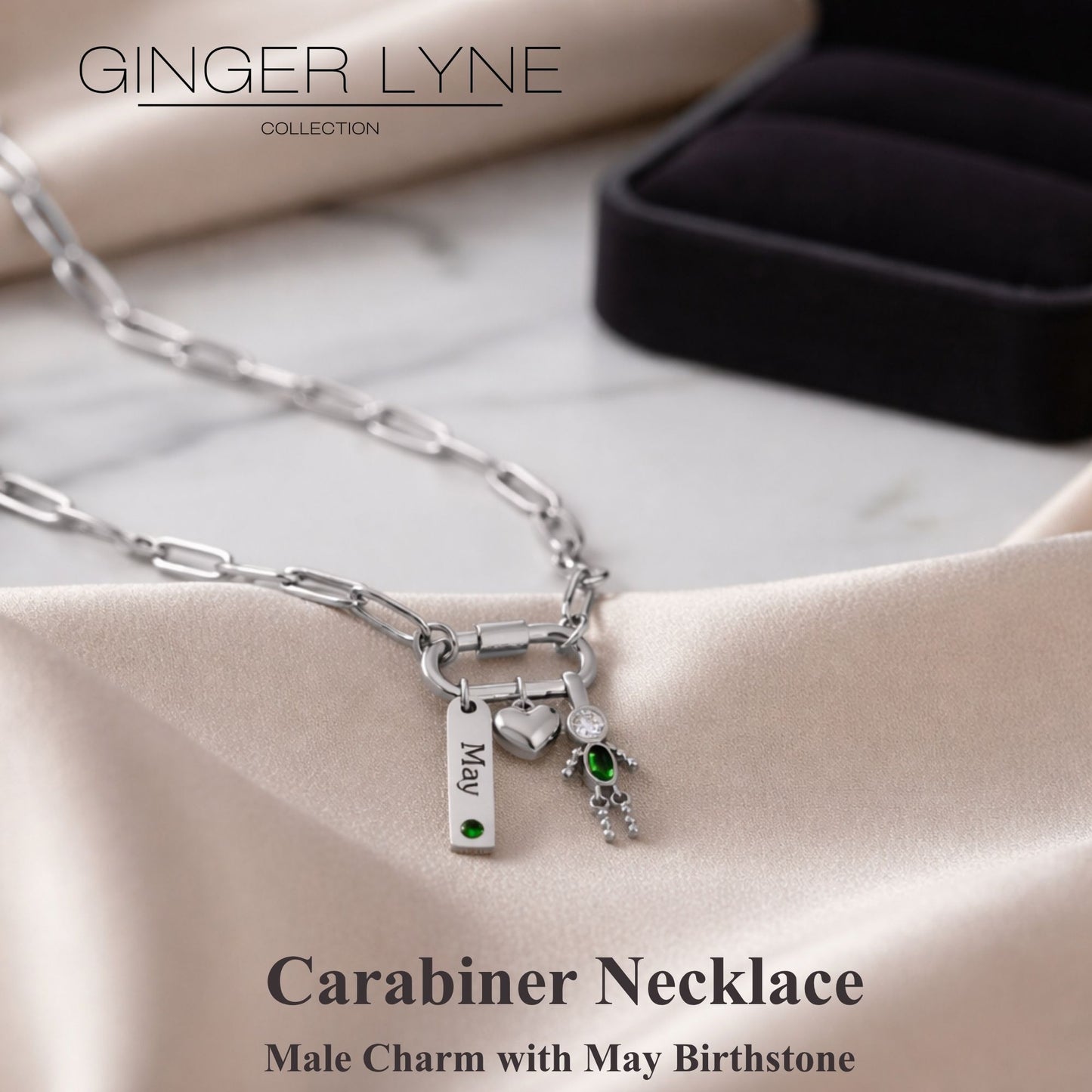 Carabiner Family Birthstone Necklace for Mom or Grandma by Ginger Lyne Stainless Steel CZ Birthday Charms_Male-May-Silver-2