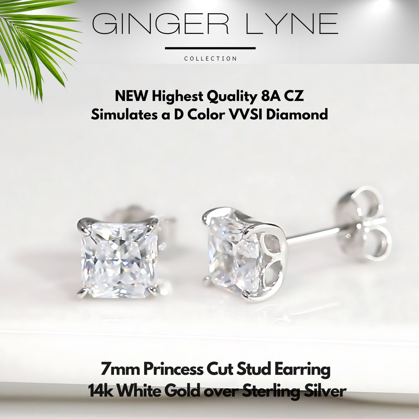 Princess Cut Stud Earrings for Women 2.5ct Simulated Diamond Sterling Silver Ginger Lyne