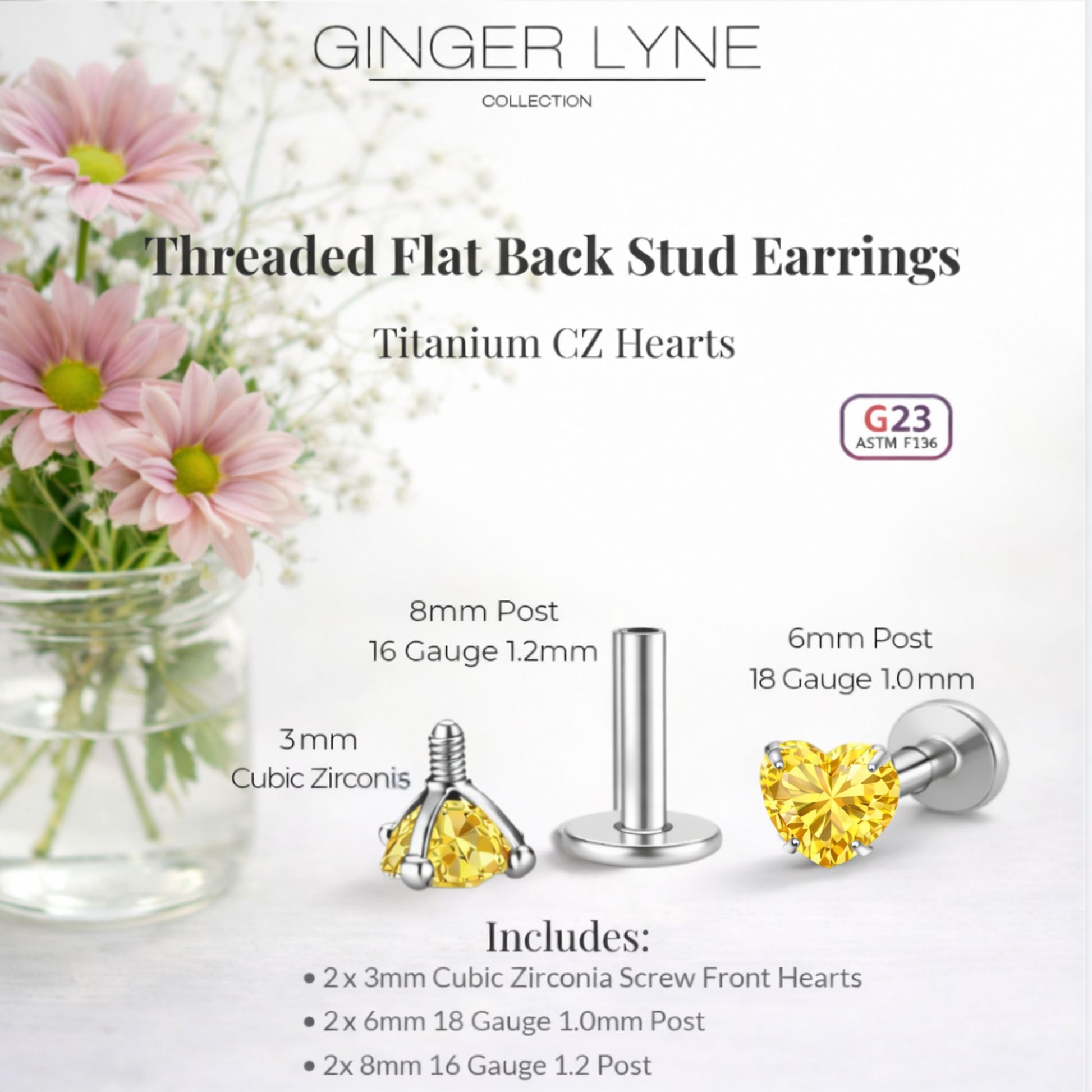 Small Heart CZ Solitaire Flat Back Stud Earrings Body Piercings by Ginger Lyne 2 Sets Post 6mm 8mm Included - 3mm-Yellow