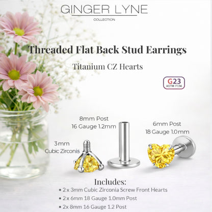 Small Heart CZ Solitaire Flat Back Stud Earrings Body Piercings by Ginger Lyne 2 Sets Post 6mm 8mm Included - 3mm-Yellow