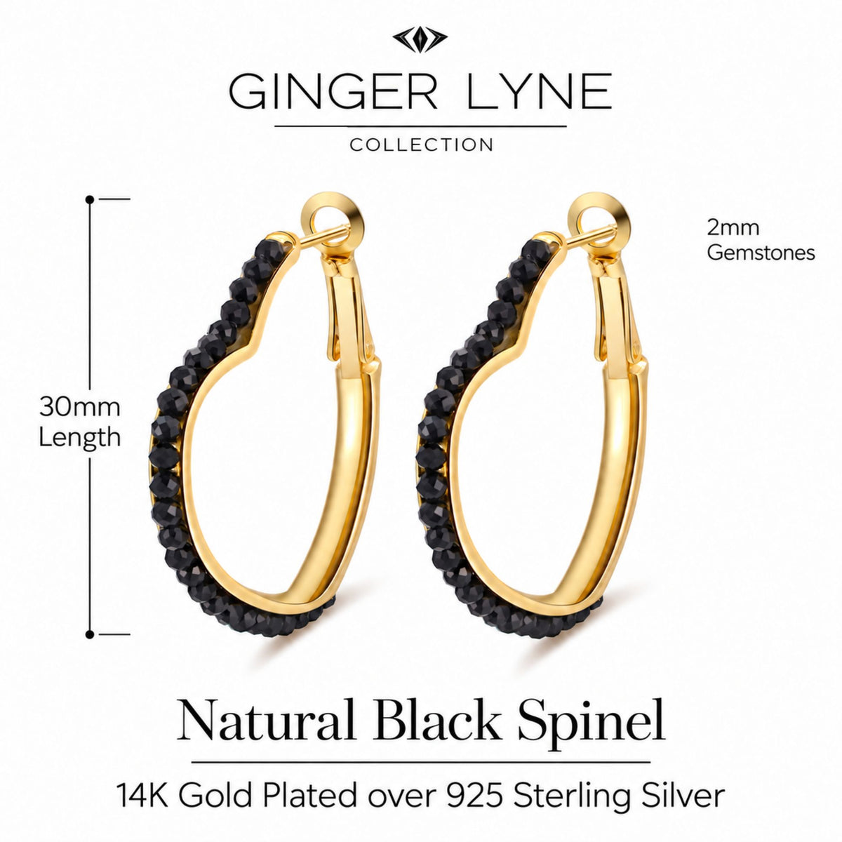 Heart Hoop Earrings for Women 14K Gold Plated Sterling Silver Natural Black Spinel - Black