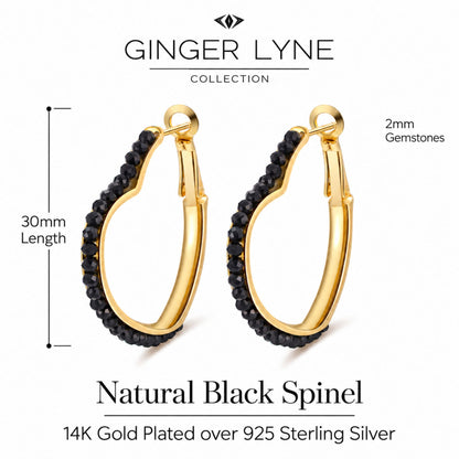 Heart Hoop Earrings for Women 14K Gold Plated Sterling Silver Natural Black Spinel - Black