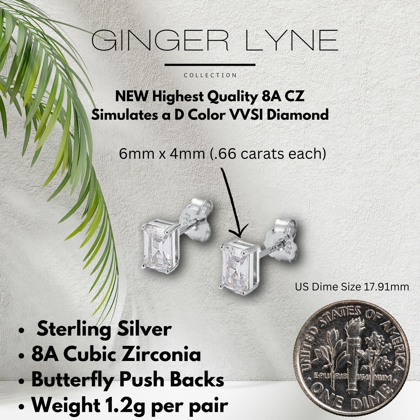 Emerald Cut Stud Earrings for Women 2 Ct  Sterling Silver Studs for her Ginger Lyne Collection