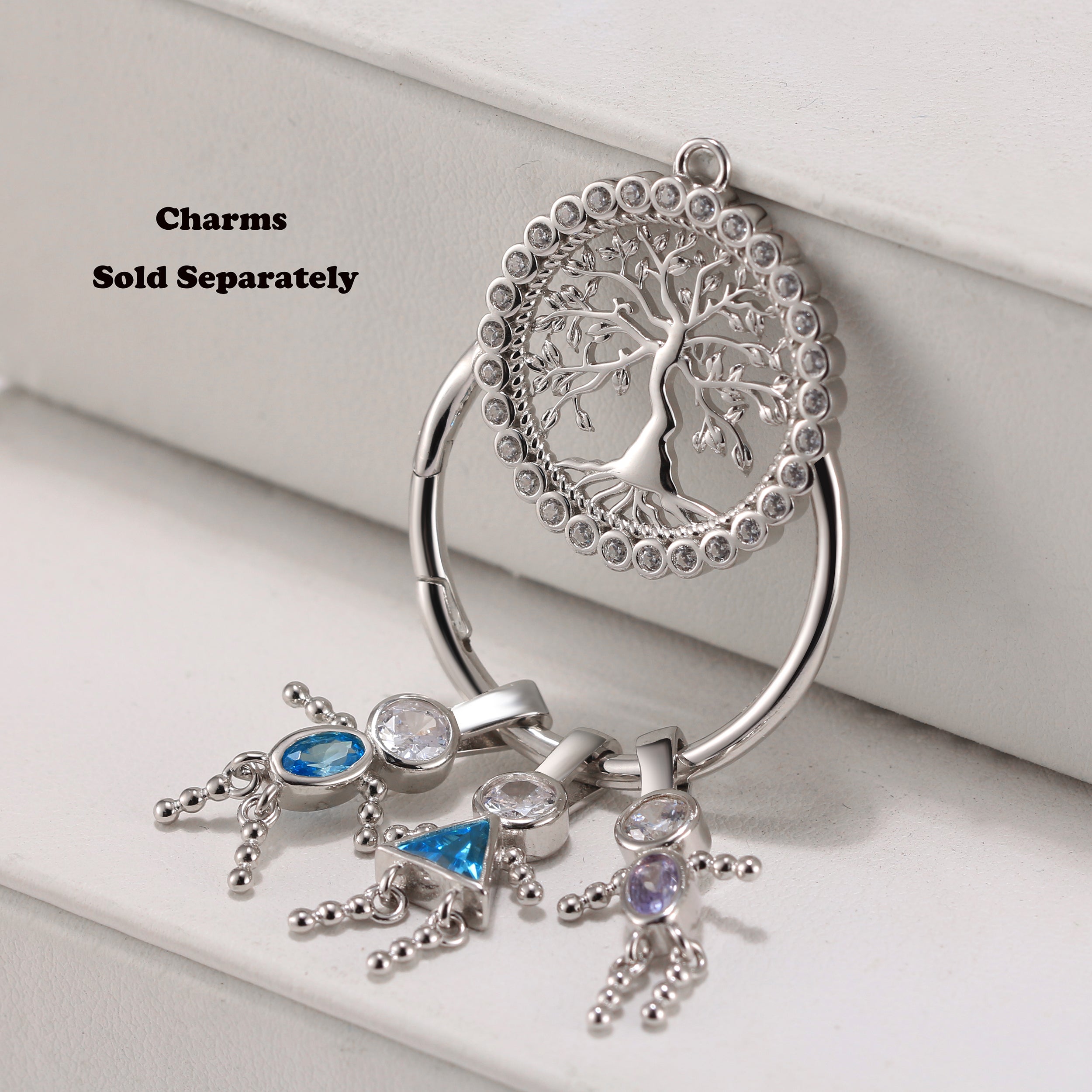 Family Tree Charm Holder for Necklace Sterling Silver Gift for Grandmother or Mother - Family Tree-CH