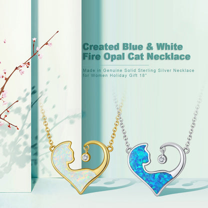 Cat Heart Pendant Necklace for Women Blue Fire Opal CZ Sterling Silver Ginger Lyne Collection