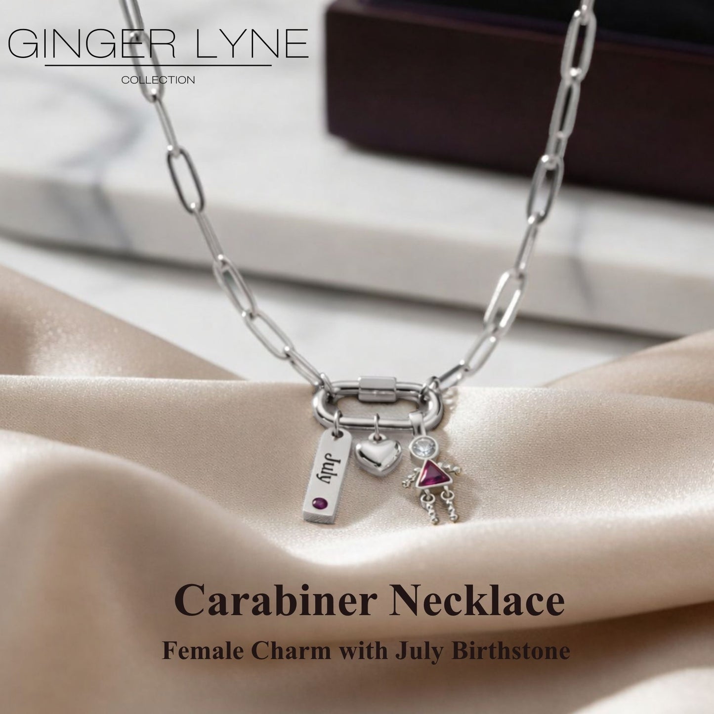 Carabiner Family Birthstone Necklace for Mom or Grandma by Ginger Lyne Stainless Steel CZ Birthday Charms_Female-July-Silver-2