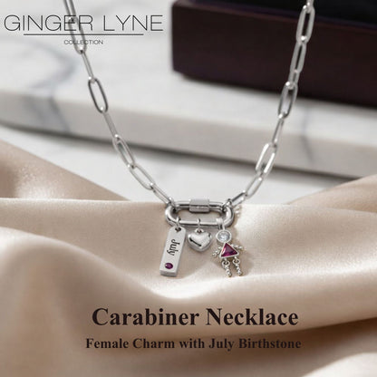 Carabiner Family Birthstone Necklace for Mom or Grandma by Ginger Lyne Stainless Steel CZ Birthday Charms_Female-July-Silver-2