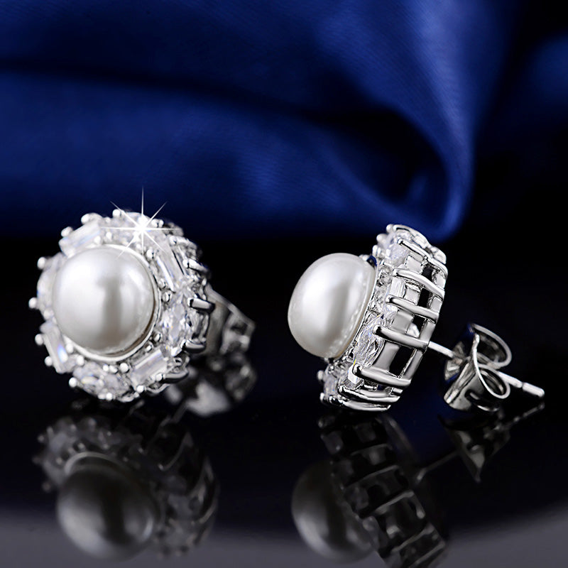 Baguette Cut Stud Earrings for Women Cubic Zirconia Simulated Pearl Ginger Lyne Collection - Silver