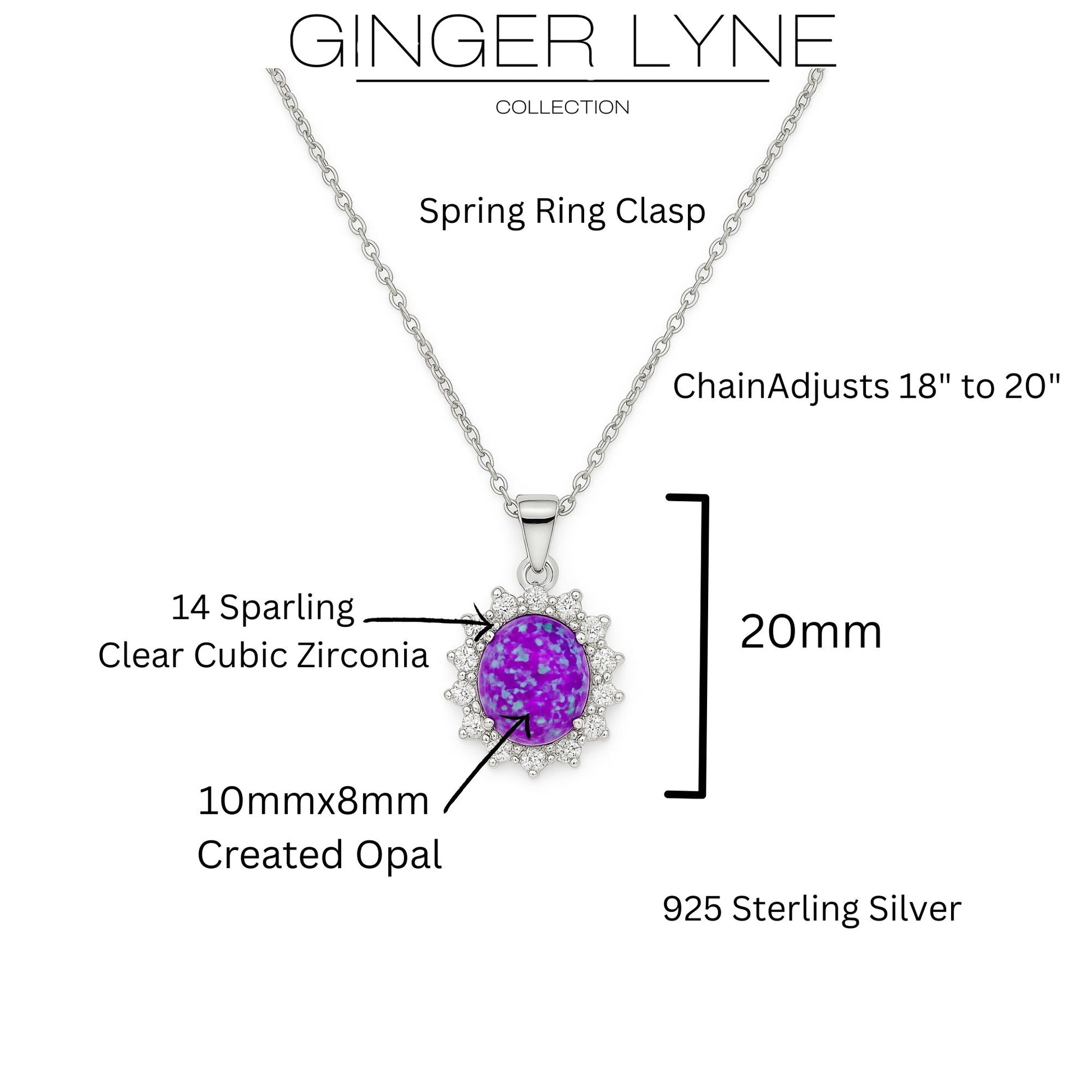 Ginger Lyne White or Purple Fire Opal CZ Pendant Necklace for Women Sterling Silver Cubic Zirconia