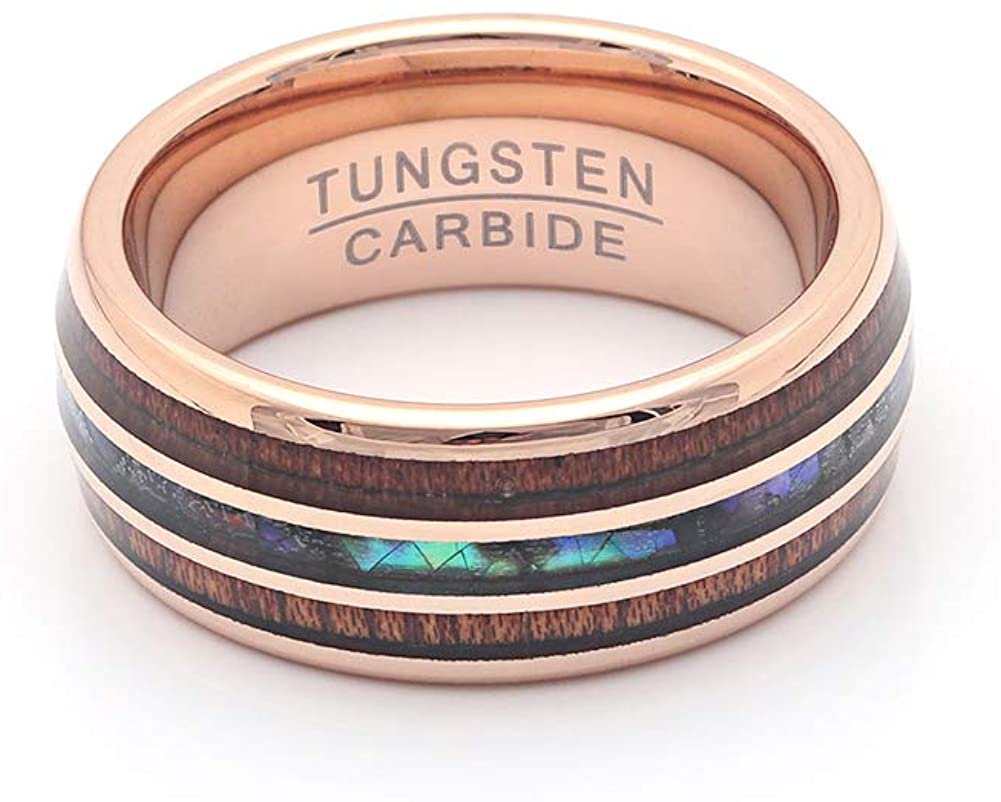 Tungsten Wedding Band Ring 8mm Men Women Koa Wood Abalone Ginger Lyne Collection