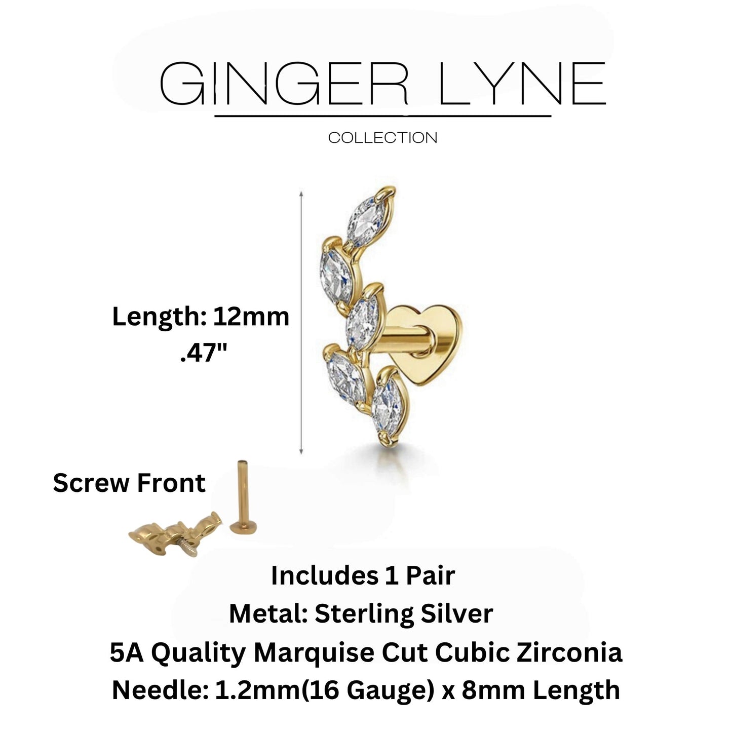MarquiseCZFlatBackEarringsforCartilageHelixTragusLobeGoldPlatedSterlingSilver1pairbyGingerLyne_Gold-3