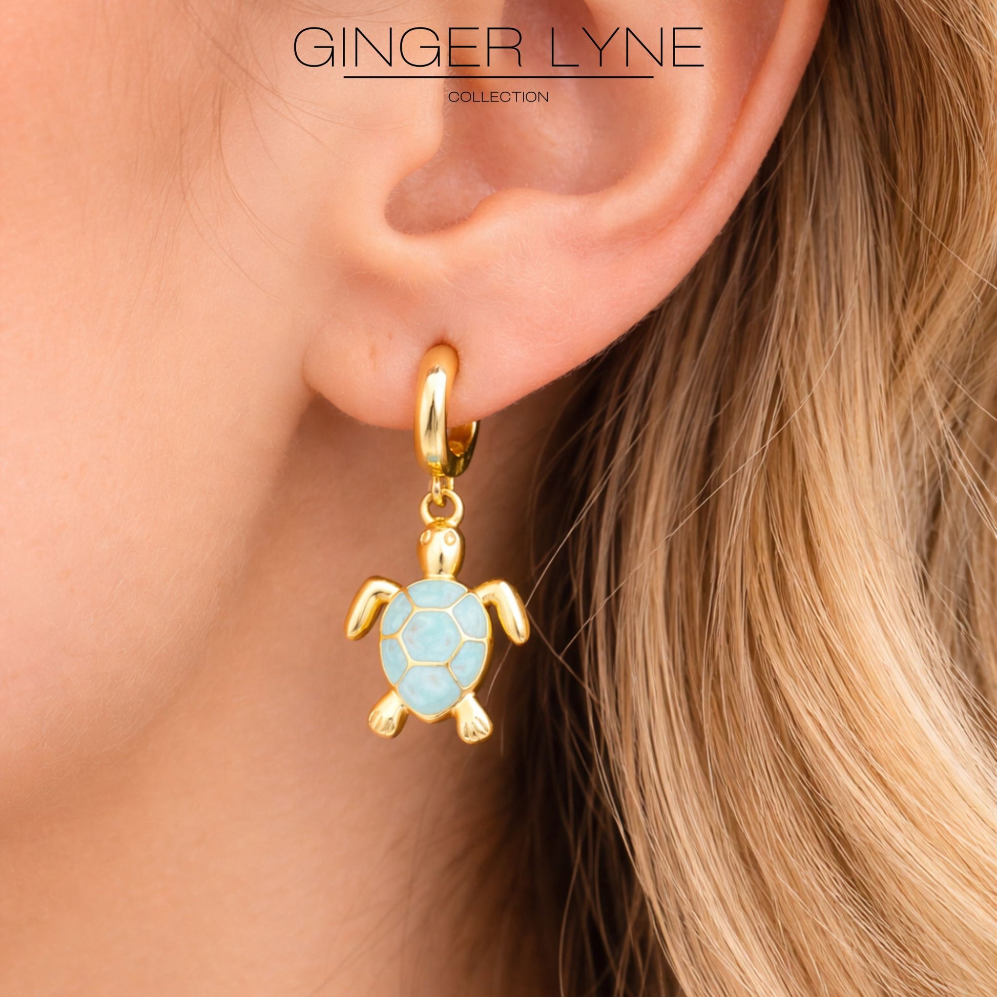 SeaTurtleCharmDangleHuggieHoopEarringsGoldPlatedStainlessSteelbyGingerLyne_Gold-5