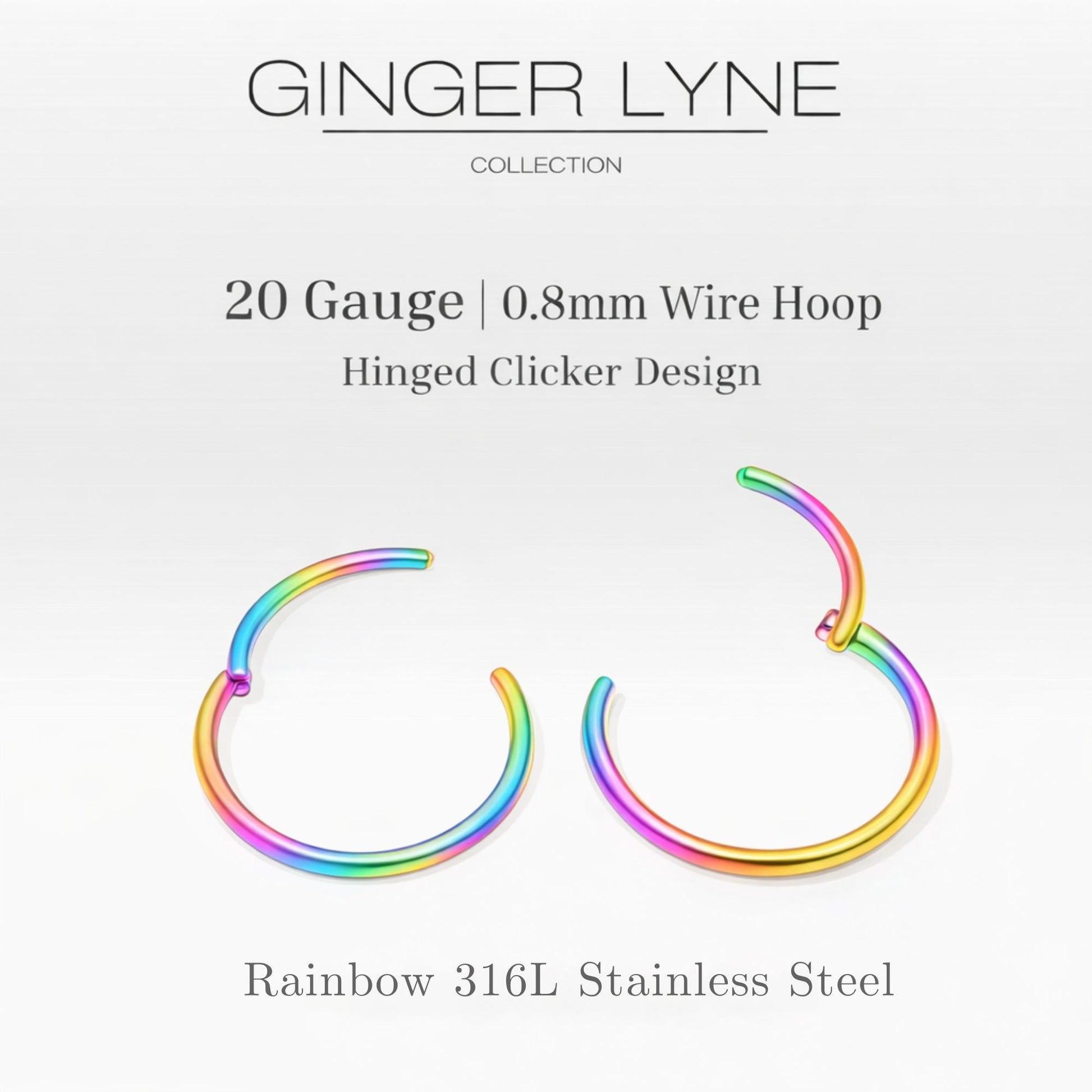 Thin Hoop Earrings Ginger Lyne 20 Gauge Stainless Steel Hinged Clicker for Lobe Cartilage Nose Piercing Body Jewelry - Rainbow-8mm