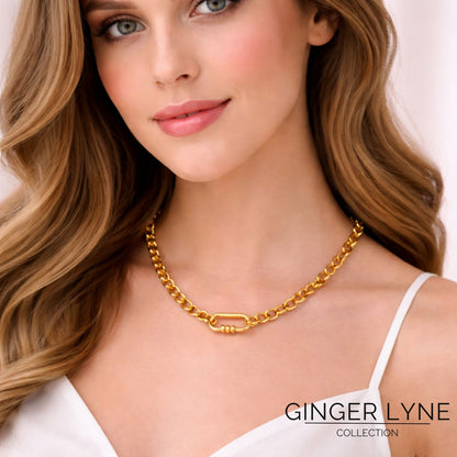 Carabiner Charm Holder Necklace for Women by Ginger Lyne O Chain Silver Gold Plated Stainless Steel 18-20" - Gold-OChain/Rect 3 Bead CH