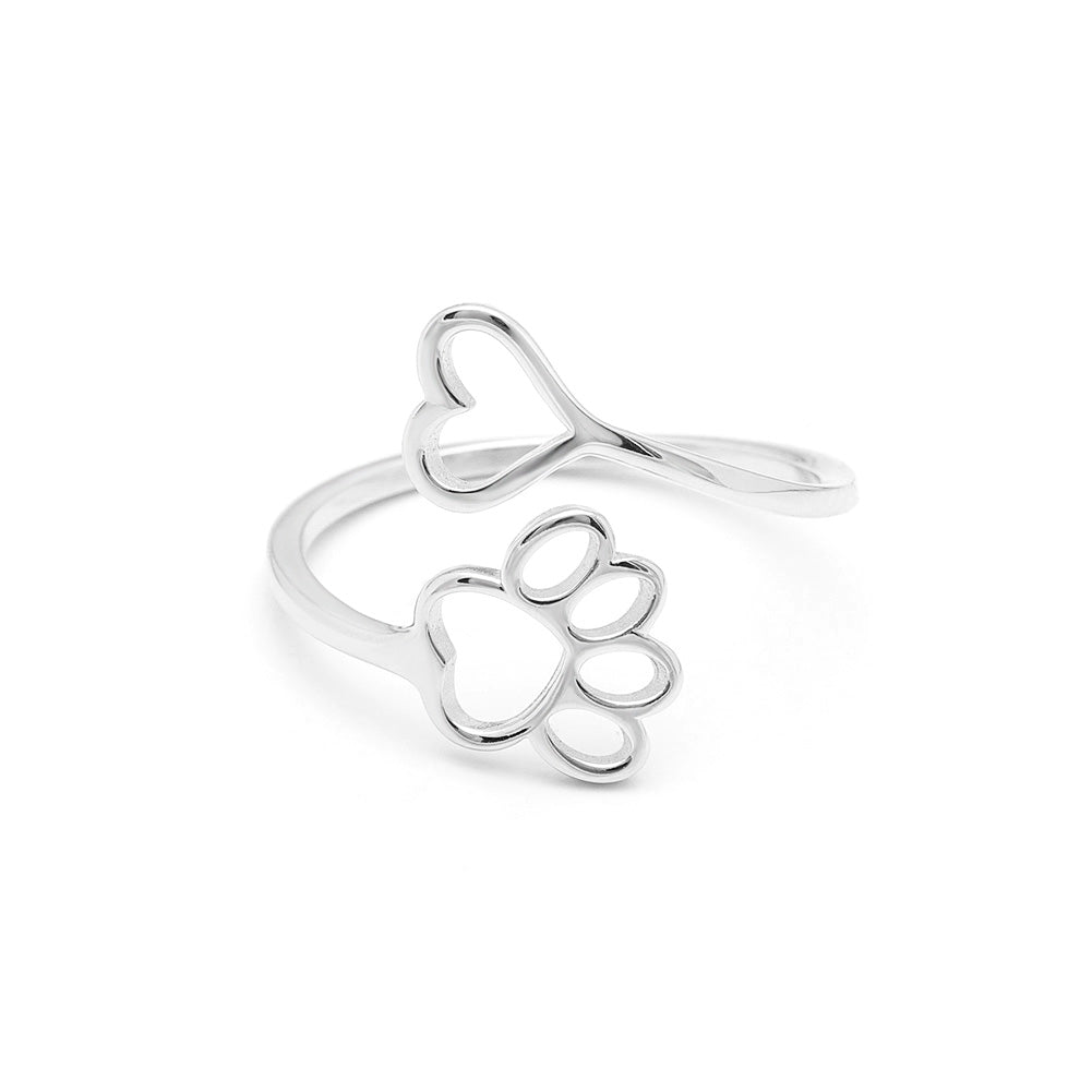 Dog Paw Print Heart Adjustable Ring Rose Gold Plated Sterling Silver Womens Ginger Lyne Collection - Rose