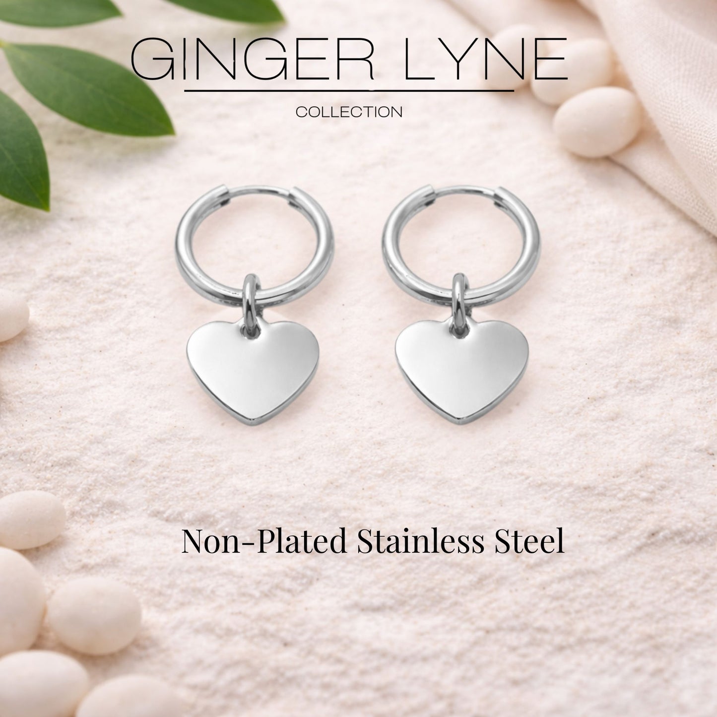 Thin Heart Charm Hoop Earrings by Ginger Lyne Stainless Steel for Lobe Cartilage Piercing Body Jewelry - Silver Tone