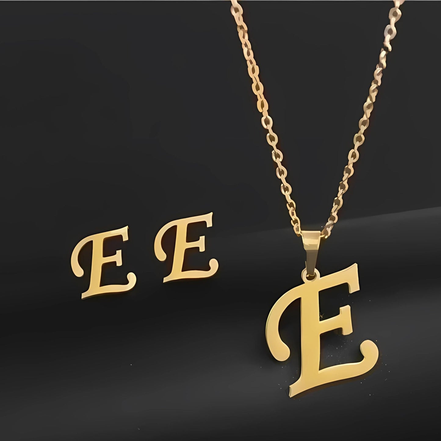 Initial Letter Pendant Necklace Earrings Set for Women Gold Plated Stainless Steel by Ginger Lyne - E