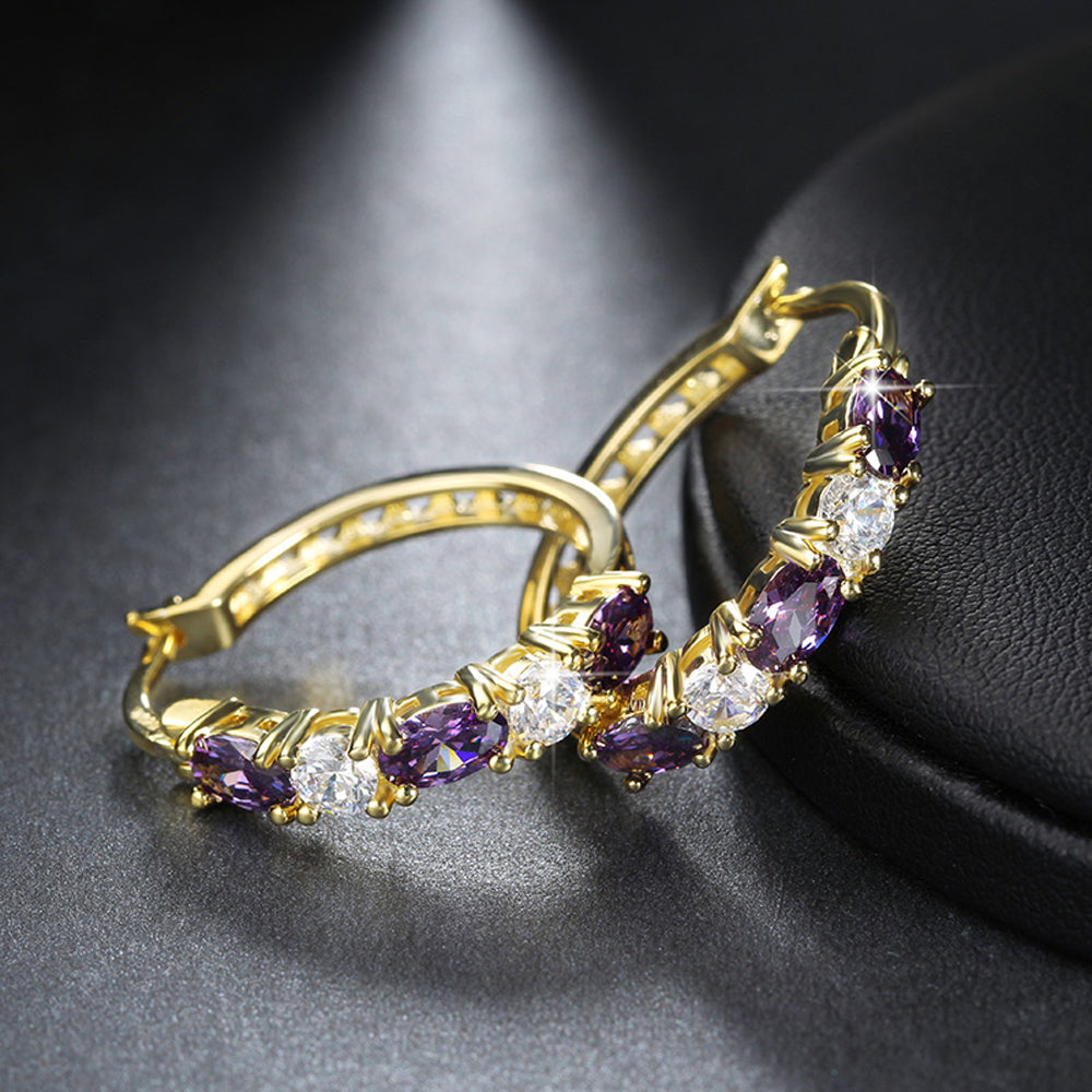 Gold Plated Hoop Earrings for Women Purple Cubic Zirconia 25mm Hoops Hinged Back Ginger Lyne Collection - Gold
