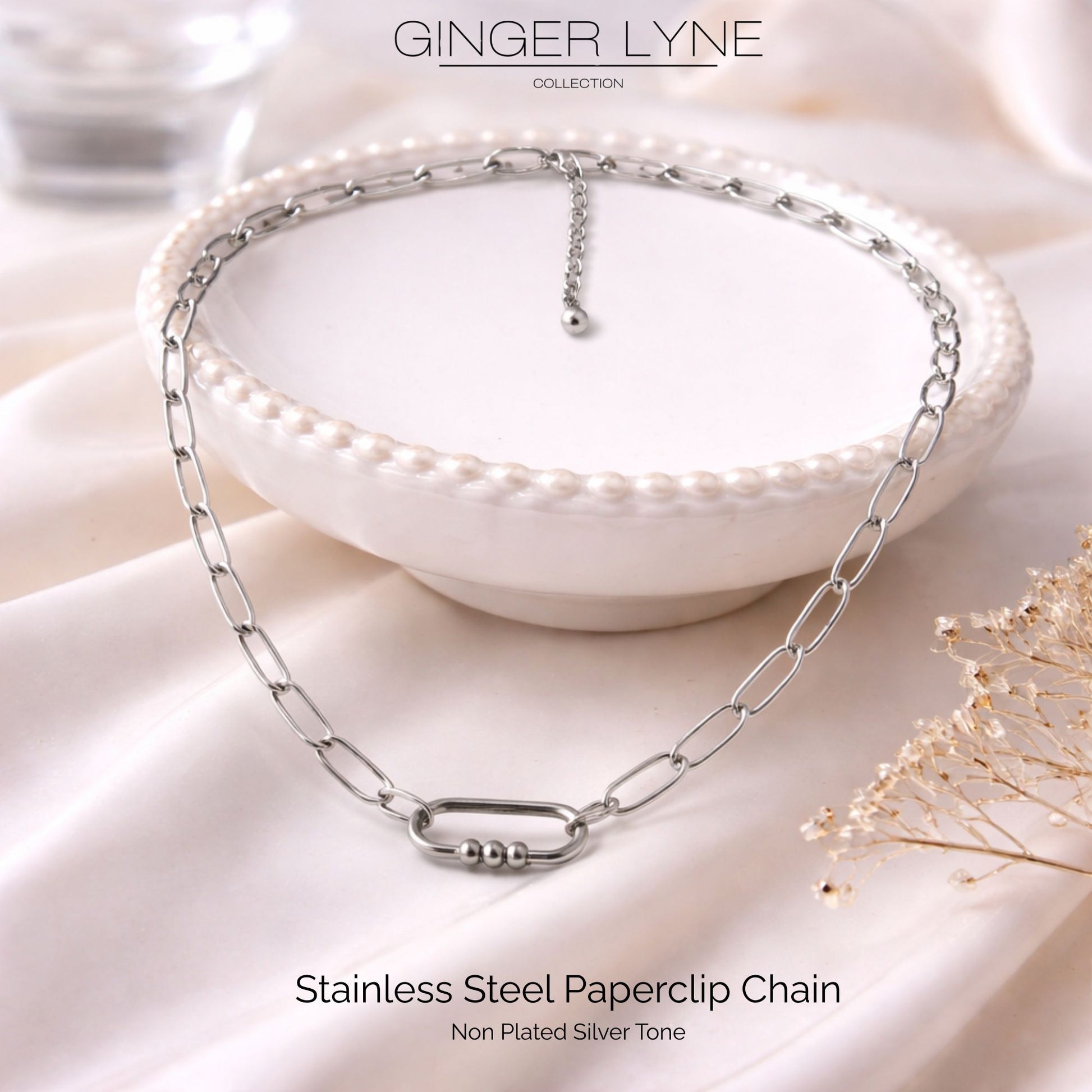 Carabiner Charm Holder Necklace for Women by Ginger Lyne Paperclip Chain Silver Stainless Steel 18-20" - Silver-PaperclipChain/Rect 3 Bead CH