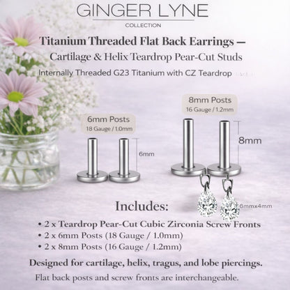 TeardropCZFlatBackStudEarrings6mmPearShapeDangleBodyPiercingsbyGingerLyne2SetsPost6mm8mm_Clear-3