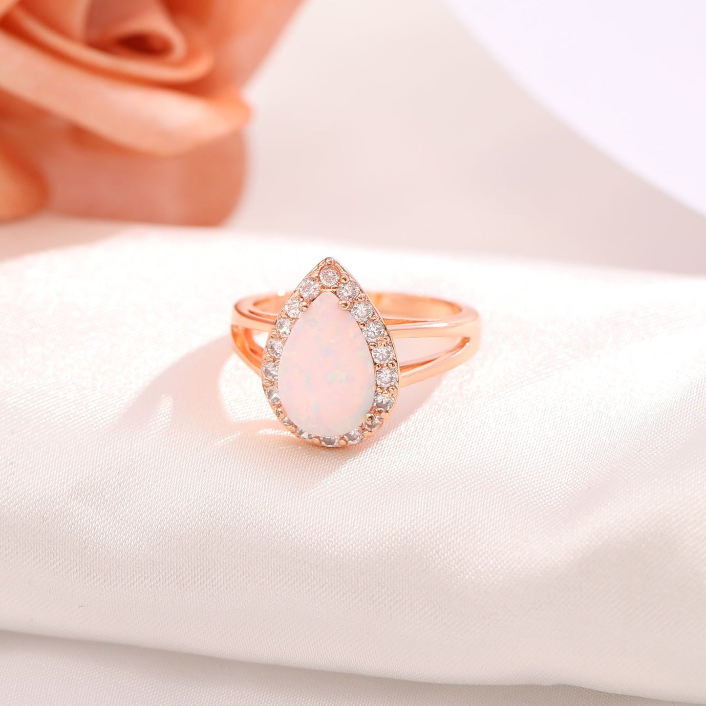 Teardrop Opal Ring for Women Isabella 4 Ct Pear Shape Sterling Silver CZ Halo Ginger Lyne Collection