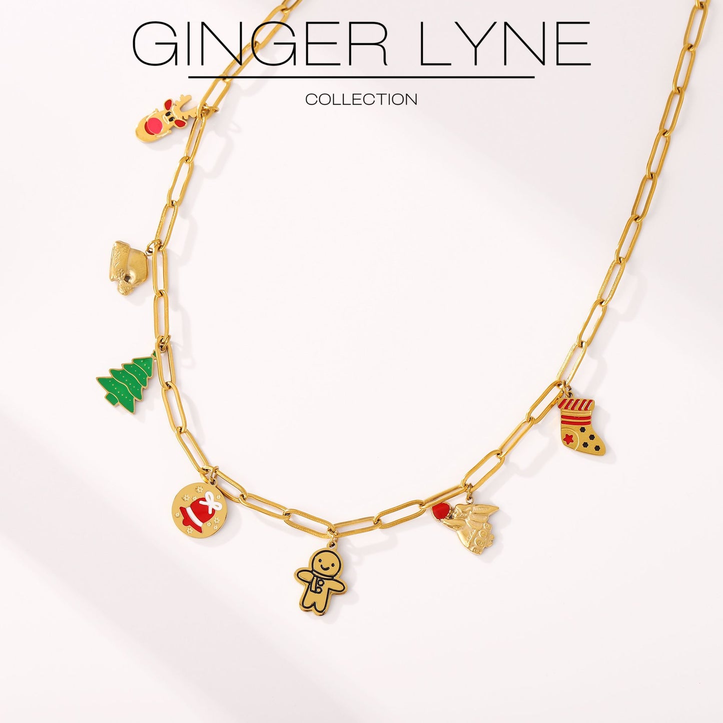ChristmasCharmPaperclipChainNecklaceforWomen14ktGoldoverStainlessSteelAdjustableto18"byGingerLyneCollection_Necklace-Gold-2