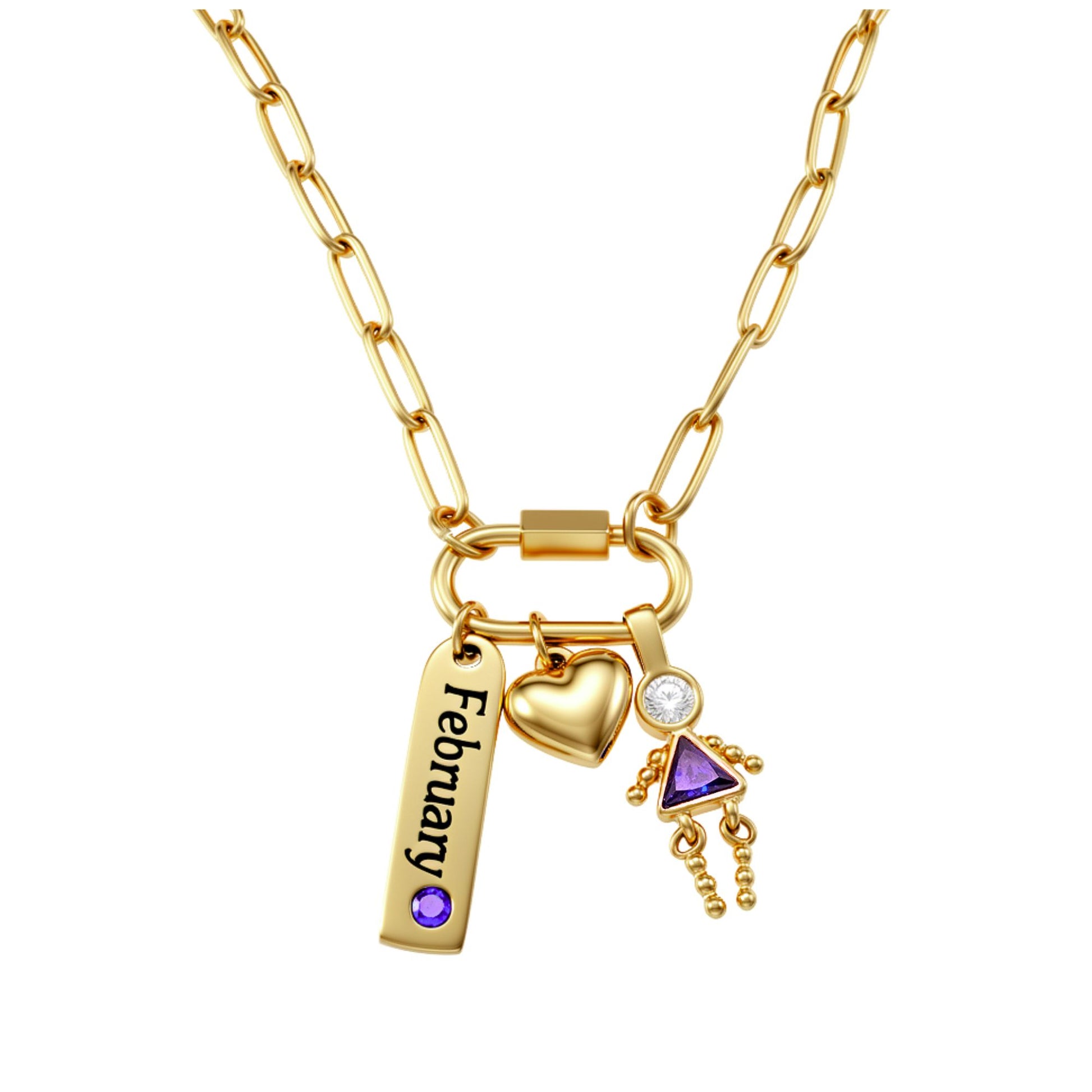 CarabinerFamilyBirthstoneNecklaceforMomorGrandmabyGingerLyneStainlessSteelCZBirthdayCharms_Female-February-Gold-1