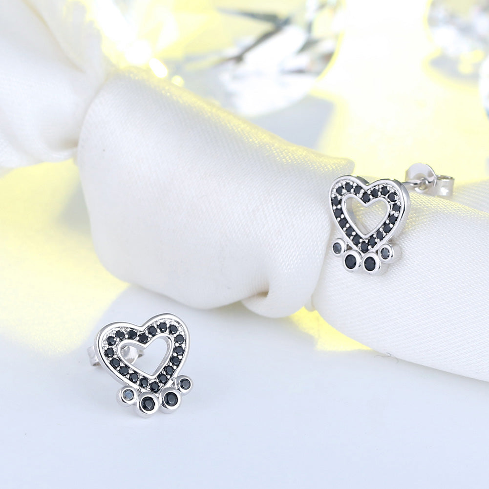 Paw Print Stud Earrings for Women Sterling Silver Black CZ 10mm Dog Paw Studs Gift for Dog Mom by Ginger Lyne - Black