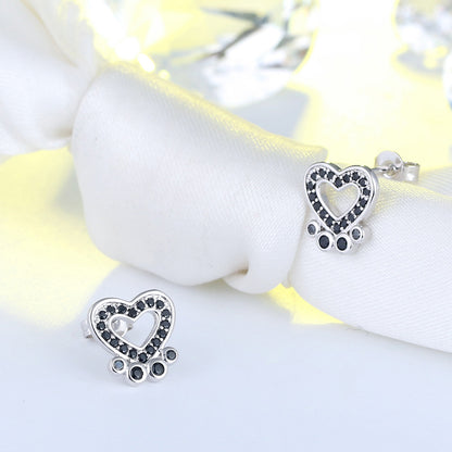 Paw Print Stud Earrings for Women Sterling Silver Black CZ 10mm Dog Paw Studs Gift for Dog Mom by Ginger Lyne - Black