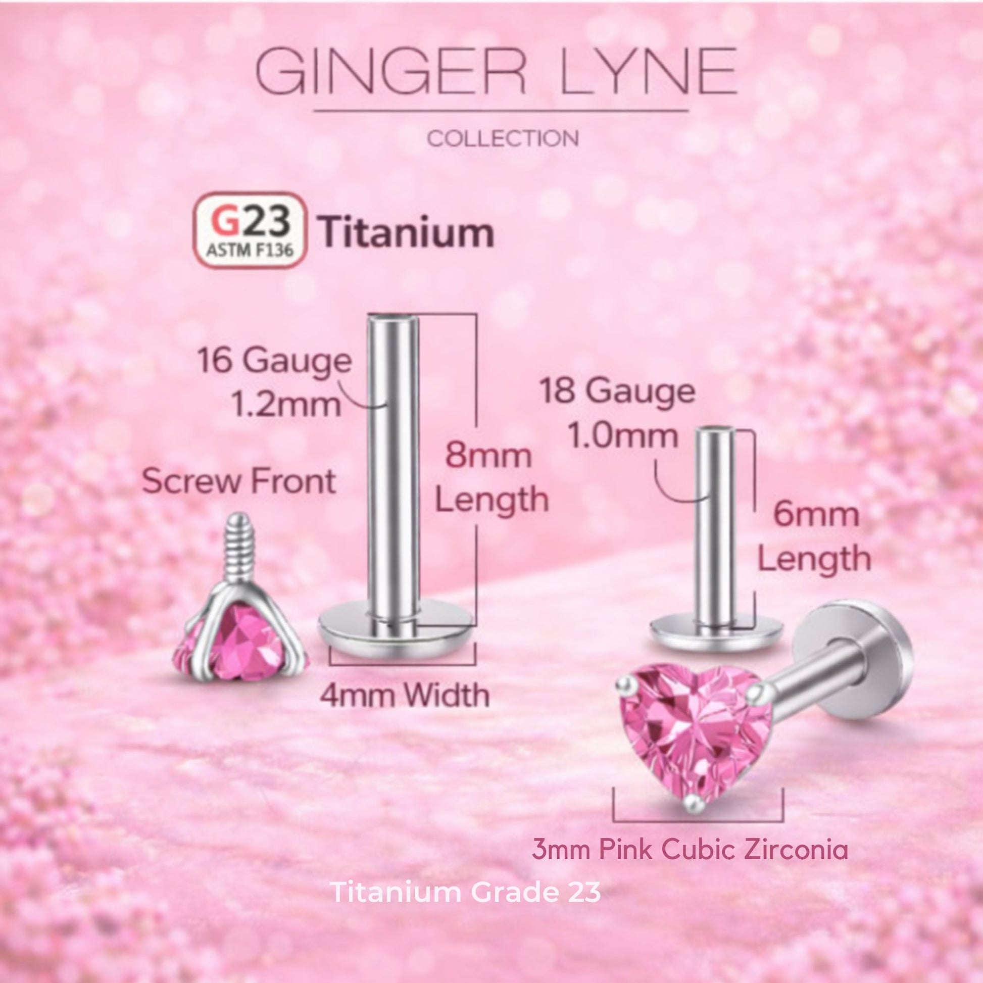 Small Heart CZ Solitaire Flat Back Stud Earrings Titanium Body Piercings by Ginger Lyne 2 Sets Post 6mm 8mm - 3mm-Pink