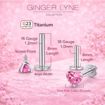 Small Heart CZ Solitaire Flat Back Stud Earrings Titanium Body Piercings by Ginger Lyne 2 Sets Post 6mm 8mm - 3mm-Pink
