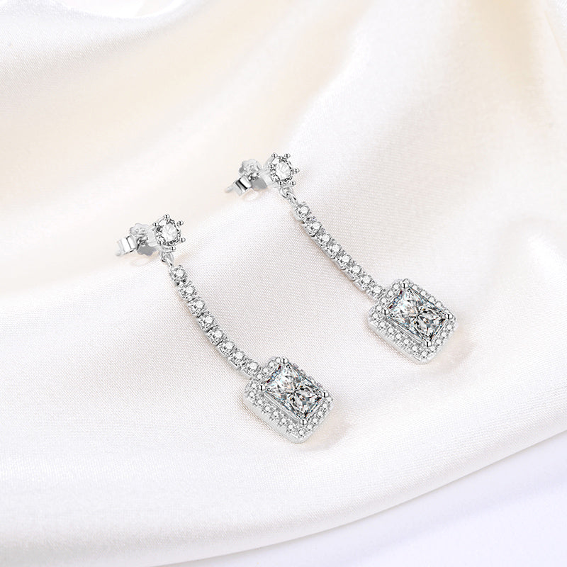 Clear Cubic Zirconia Halo Dangle Earrings for Women Sterling Silver 8x6mm Emerald Cut by Ginger Lyne - Clear