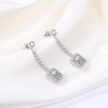 Clear Cubic Zirconia Halo Dangle Earrings for Women Sterling Silver 8x6mm Emerald Cut by Ginger Lyne - Clear