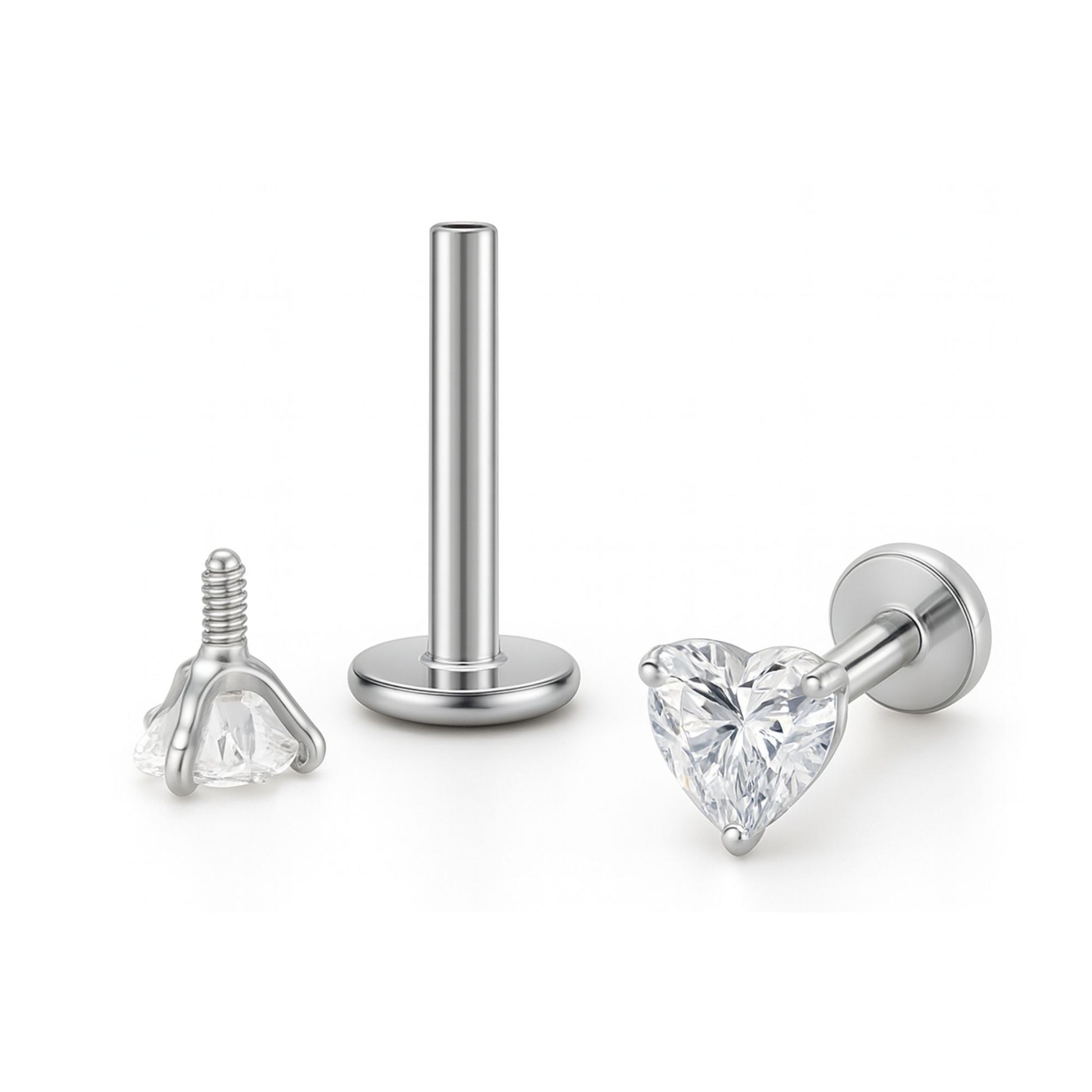 SmallHeartSolitaireFlatBackStudEarringsBodyPiercingsbyGingerLyne2Sets3mmCZStainlessSteel16g6mmand8mmLengths_Clear-1