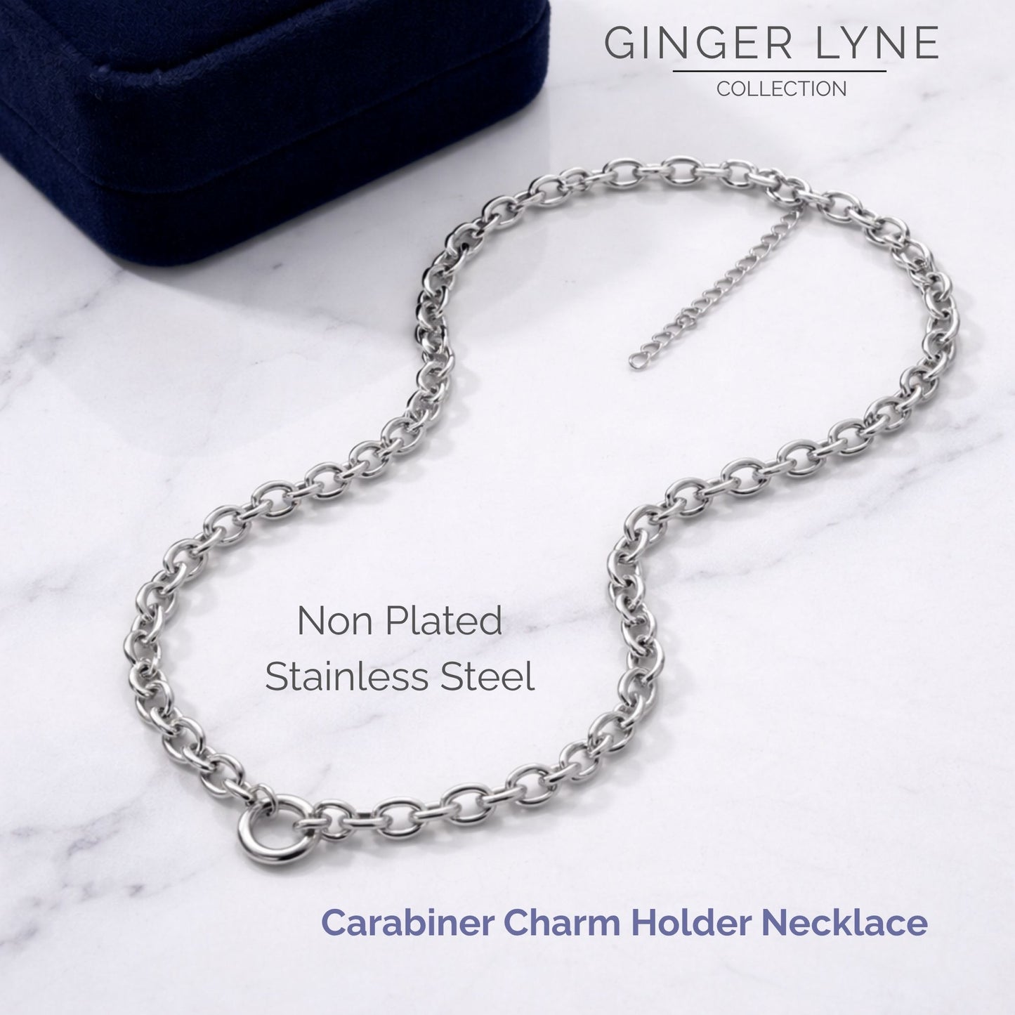 Carabiner Charm Necklace for Women O Link Chain Round Holder Stainless Steel by Ginger Lyne - 12mm/Silver