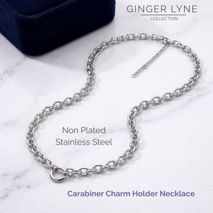 Carabiner Charm Necklace for Women O Link Chain Round Holder Stainless Steel by Ginger Lyne - 12mm/Silver