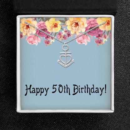 50th Birthday Greeting Card Silver Anchor Heart Necklace Womens Ginger Lyne Collection