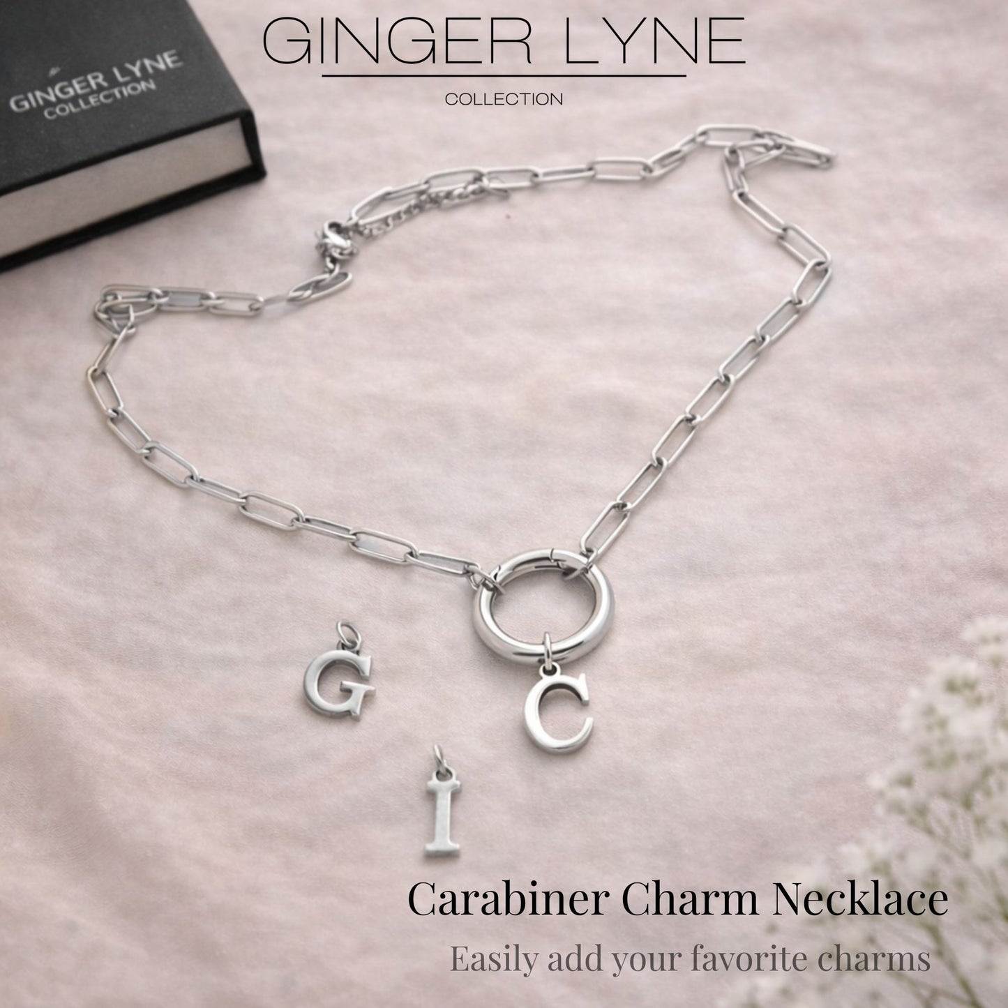 Paperclip Link Circle Carabiner Intial Letter Charm Holder Necklace for Women Stainless Steel 20" Ginger Lyne